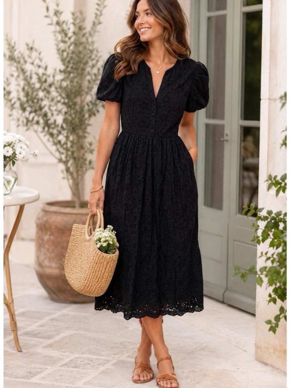 J. Crew Black Eyelet Puff-Sleeve Midi Dress Size 0